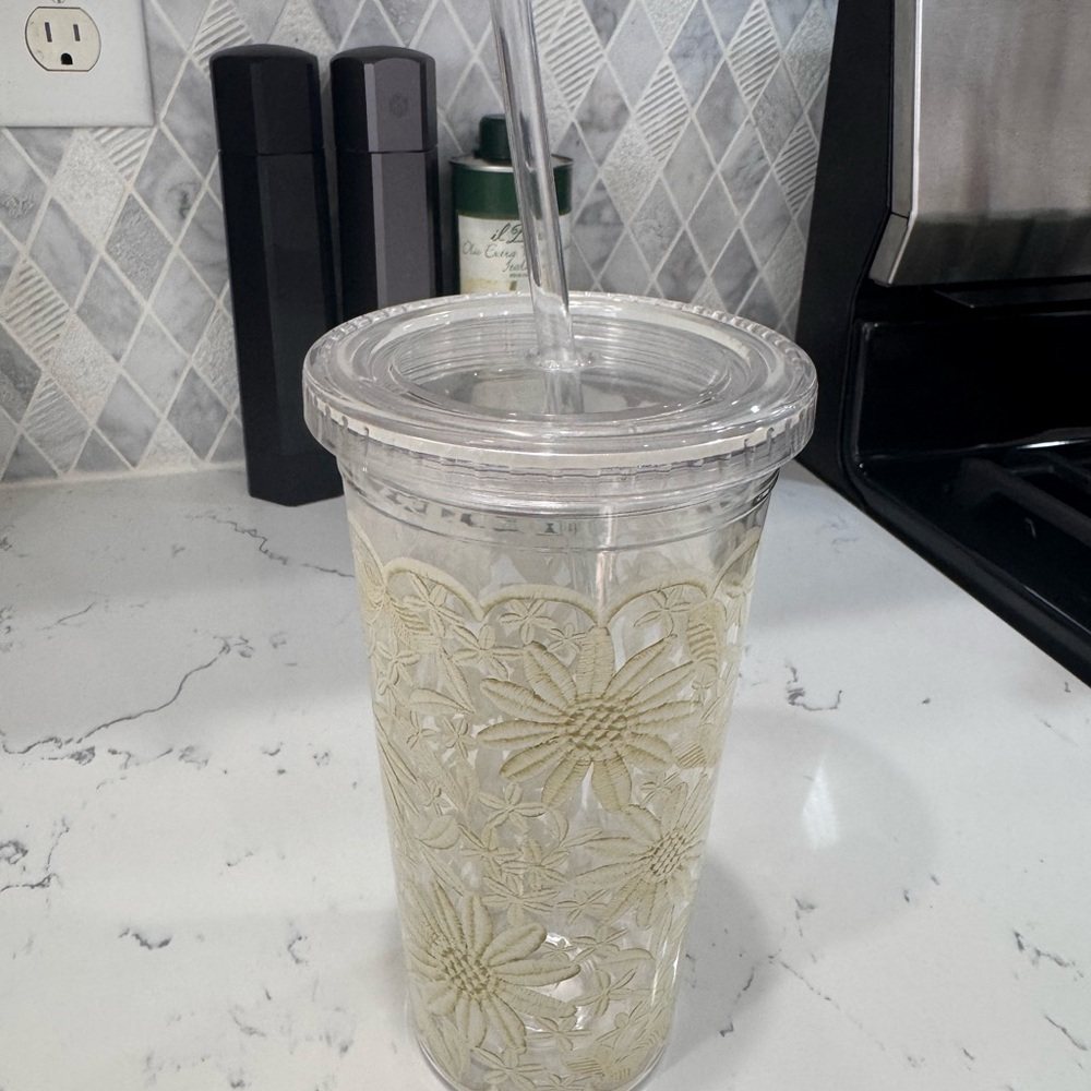 Kate Spade Floral Insulated Tumbler with Straw - Cream